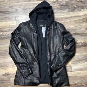 Anthropologie DOMA open black leather jacket blazer with removable hood - sz XL